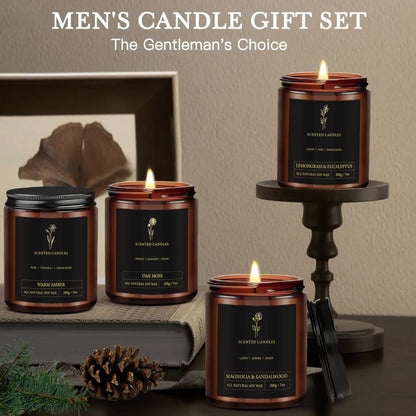 4 Pack Men Candle Set, 28Oz Scented Candles Set, Candles Gifts for Men, Candles for Home Scented, Soy Candle Scents of Oak Moss/Magnolia & Sandalwood/Warm Amber/Lemongrass & Eucalyptus