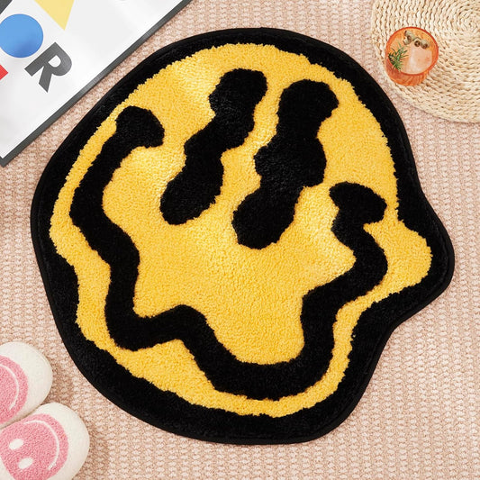 Trippy Happy Face Bath Mat Yellow - Cool Rugs for Bedroom, Hypebeast Rug, Hippie Rug Non-Slip, Cute Fun Funky Trendy Rug, Cool Decor for Bedroom Bathroom Hallway