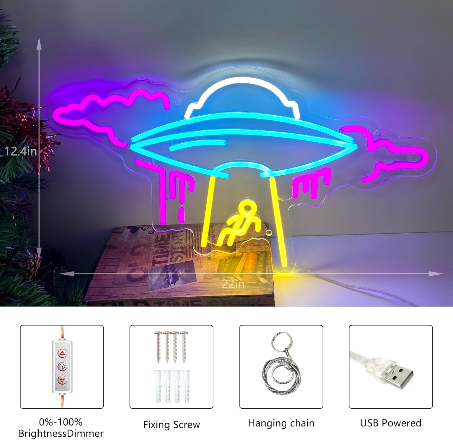 22-Inch Large UFO Neon Sign for Wall Decor, Spacecraft Cloud Alien LED Neon Light Flying Saucer USB Powered Space Dimmable Night Light for Kids Room Game Room Bedroom Men Cave Party Wall Lamp Gift