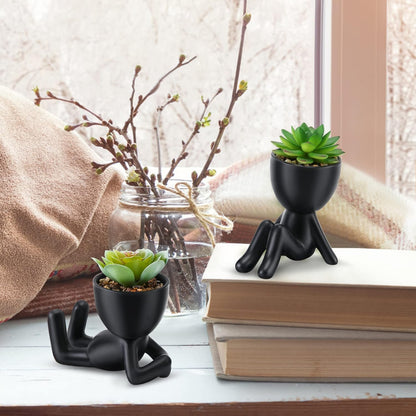 Fake Succulent, Mini Succulents Plants Artificial in Black Modern Human Shaped Ceramic Pots Desk Decor Desk Plant for Office Decor for Women, Cute Fake Plants Bathroom Decor 2PCS