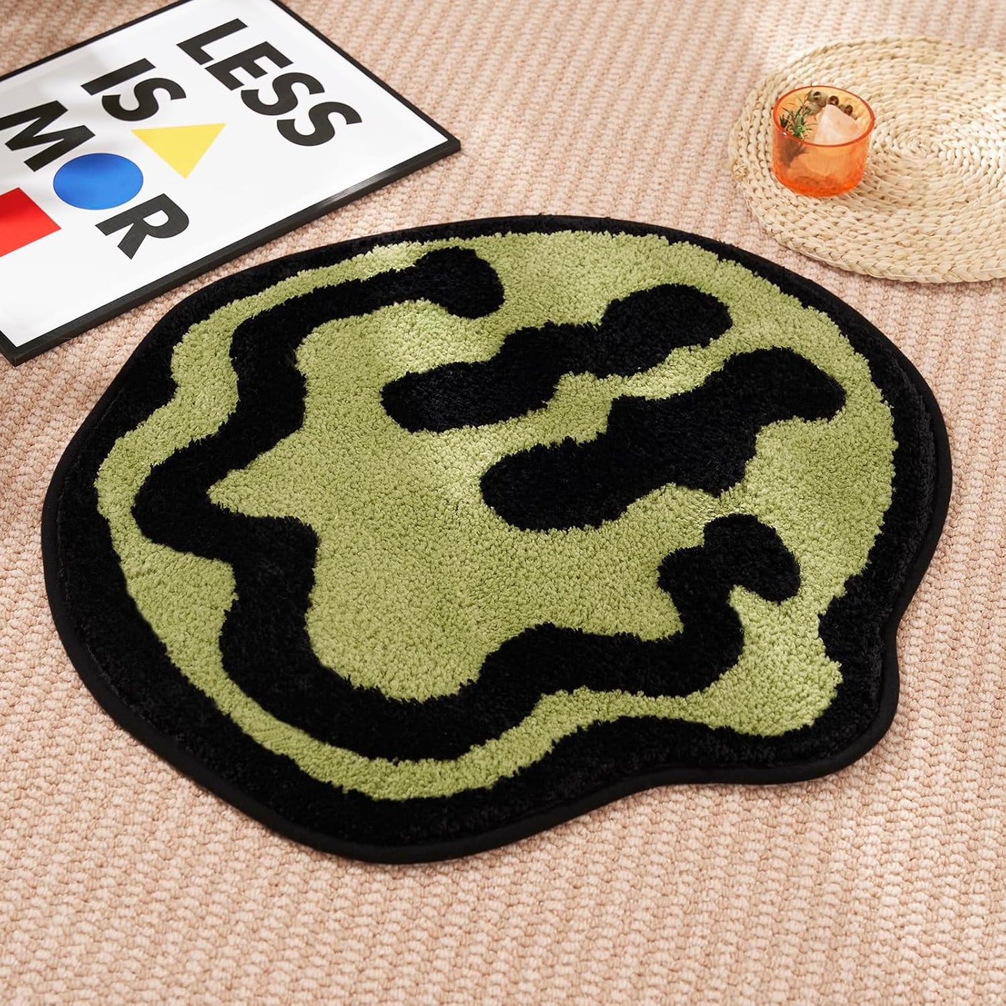 Trippy Happy Face Bath Mat Green- Cool Rugs for Bedroom, Cute Bath Mat, Hippie Rug Non-Slip, Sage Green Fun Funky Trendy Rug, Cool Decor for Bedroom Bathroom Hallway