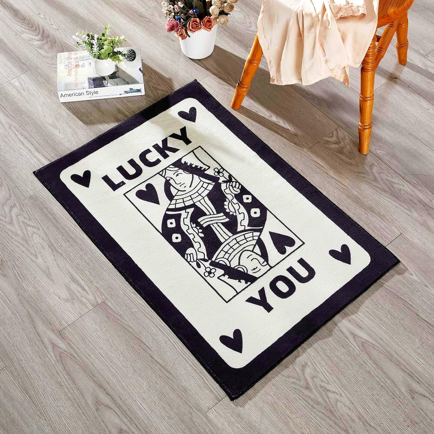 Lucky You Playing Card Rug Black and Ivory, Thin Cute Retro Aesthetic 2X3 Small Rugs for Bedroom College Bathroom Kitchen Non Slip, Trendy Funky Unique Cool Preppy Rug Dorm Accent Floor Mat