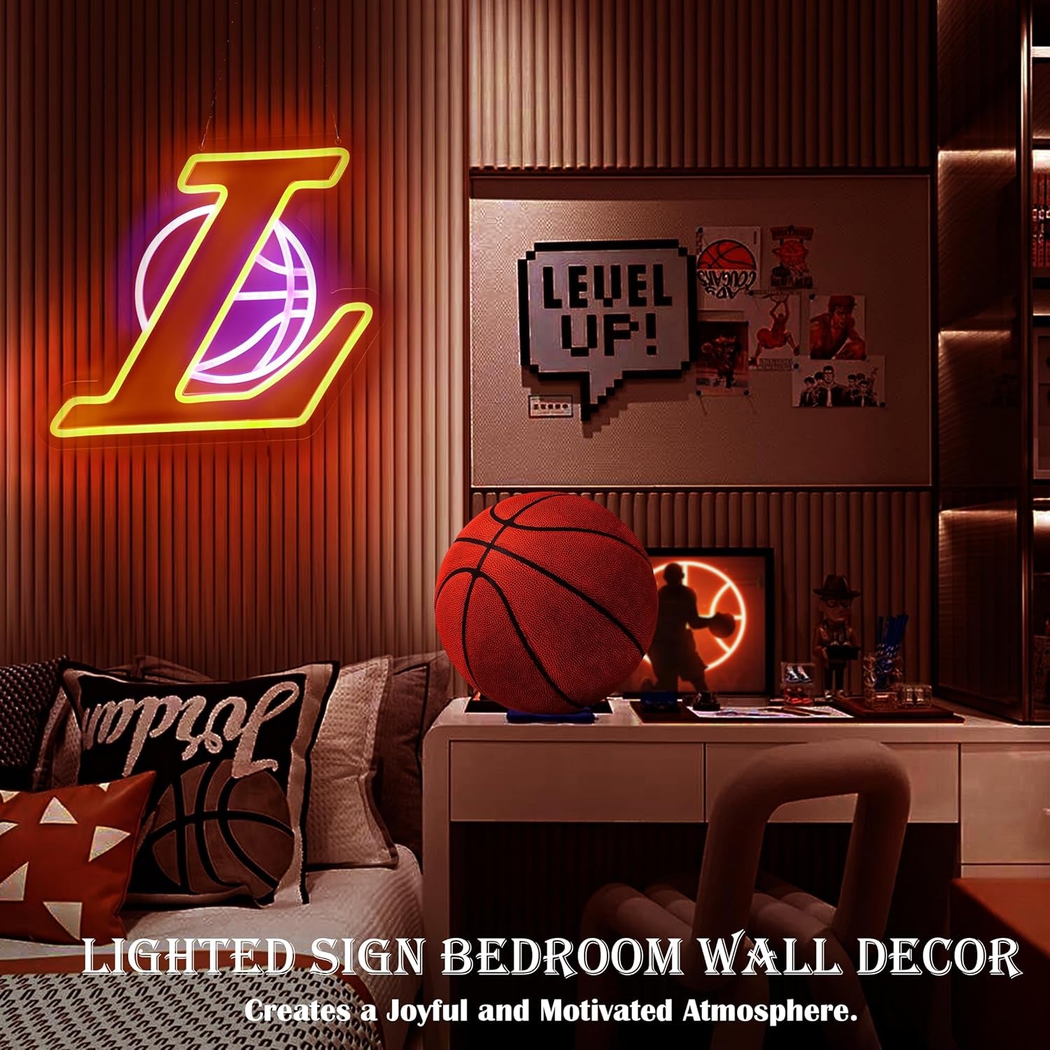 LA Basketball Neon Sign for Bedroom Wall Decor,Usb Powered Dimmable Led Neon Light,Christmas Gift for LA Basketball Fans Club Teen Kids Game Room Decor Party Light13.7×11.8 Inch