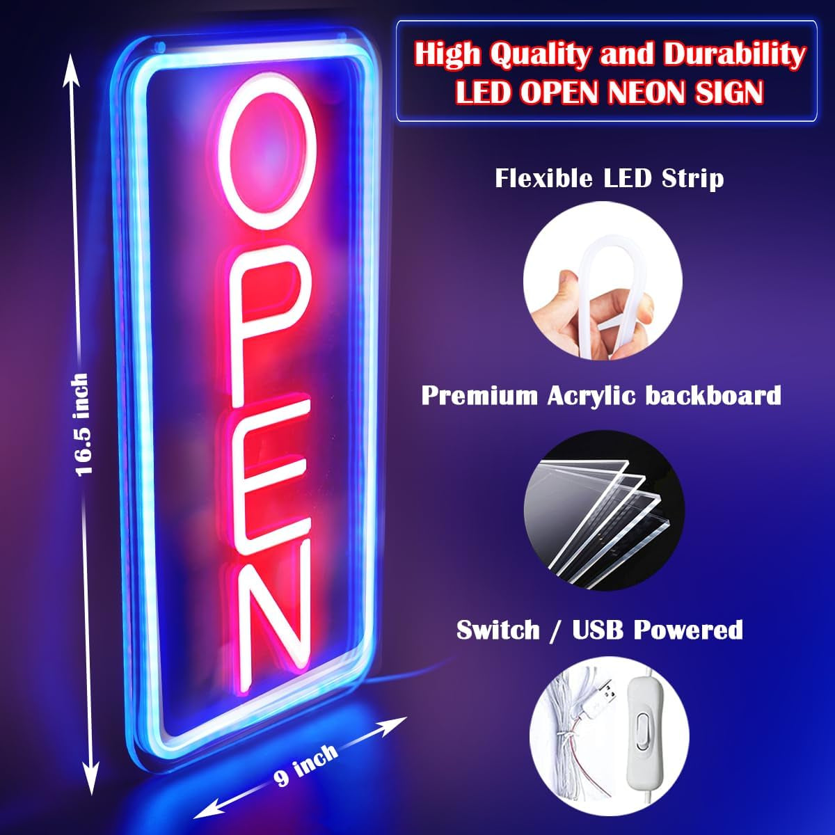 LED Neon Open Sign, 16.5"X 9" Business Hour Sign, Powered by USB with Switch, LED Display Window Lights for Cafe Bar Hotel Salon Bookstore Restaurant Grocery Shop Store Wall Decor