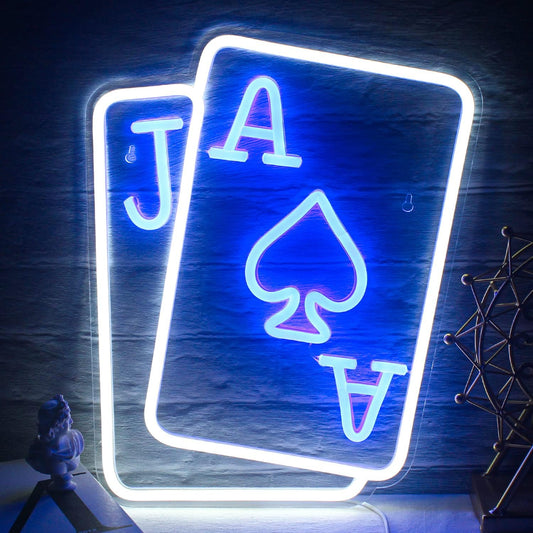 Playing Cards Neon Signs for Wall Decor Poker Teens Led Neon Light Blue White Usb Light Sign for Bedroom Casino Bar Hotel Play Room Birthday Party Decor