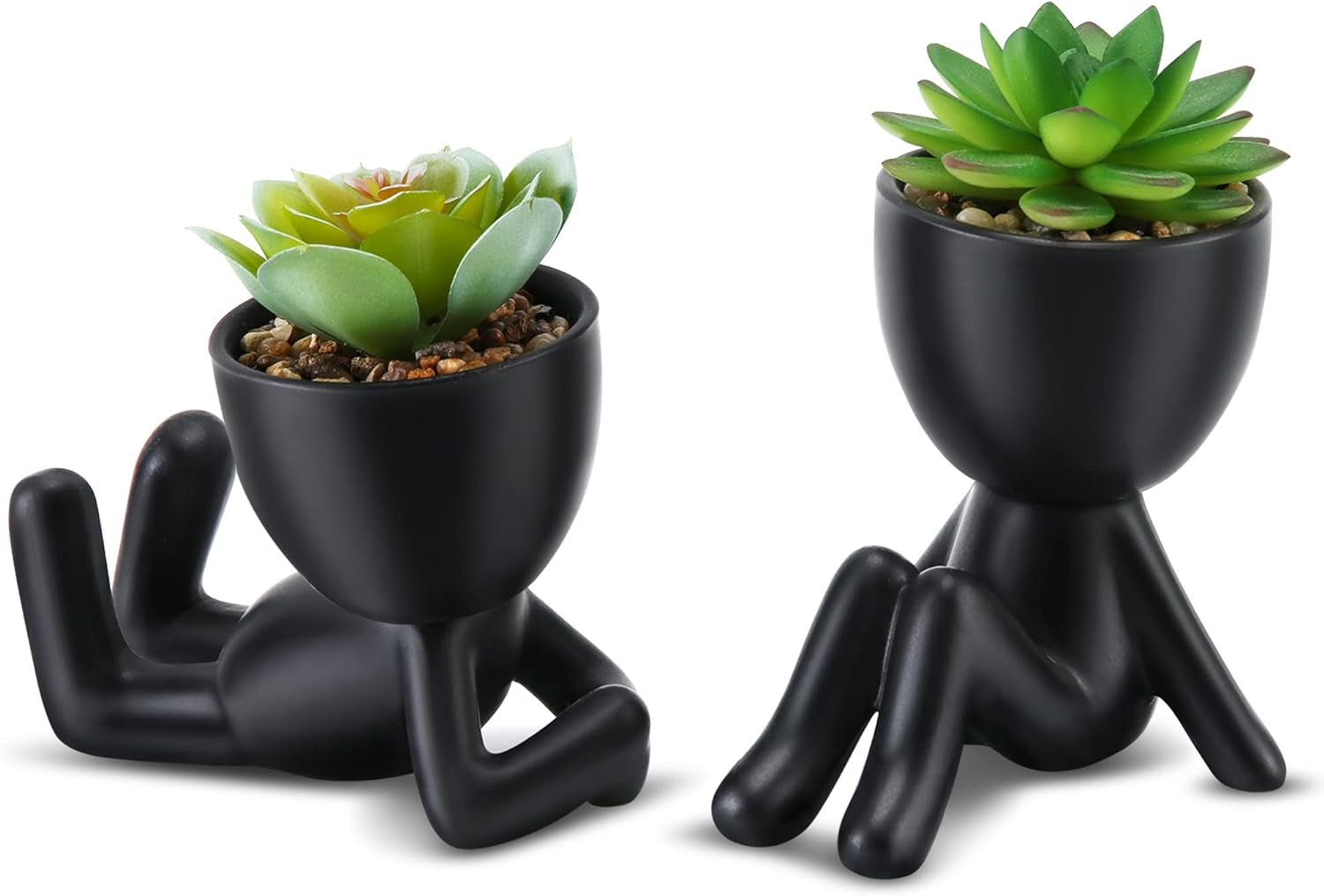 Fake Succulent, Mini Succulents Plants Artificial in Black Modern Human Shaped Ceramic Pots Desk Decor Desk Plant for Office Decor for Women, Cute Fake Plants Bathroom Decor 2PCS