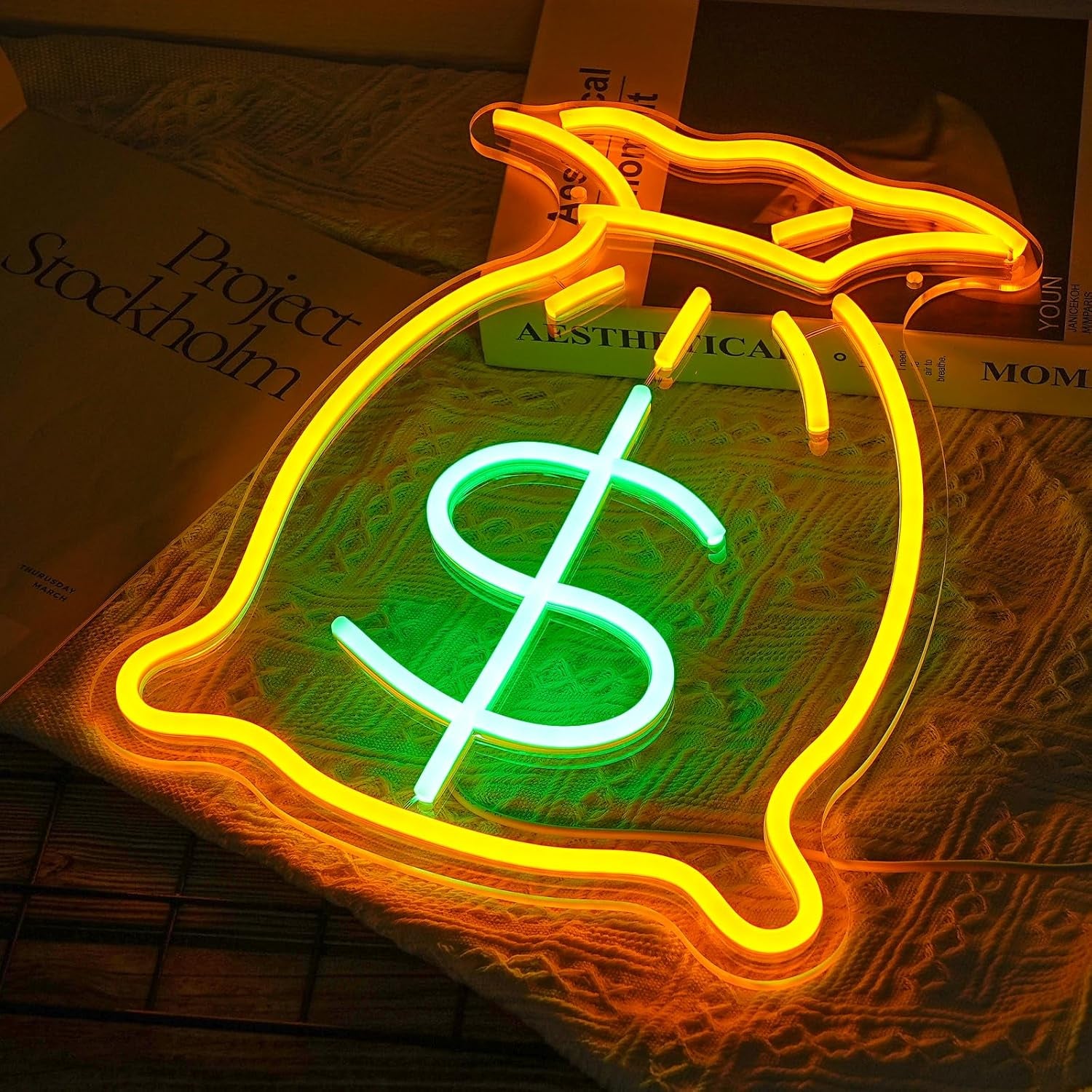 Bag of Money Neon Sign, Neon Sign for Wall Decor, Golden Yellow+Green Led Signs Usb Powered, Living Game Room Decor, for Bedroom Office Restaurant Bar Hotel Shop Party Birthday (14.2X10.8In)