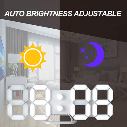 3D LED Digital Wall Clock Desk Alarm Clock with Remote Control for Kitchen Bedroom Office, Fashion 9.7" LED Night Light Decor Clock Adjust Brightness 12H/24H Time Date Temperature White