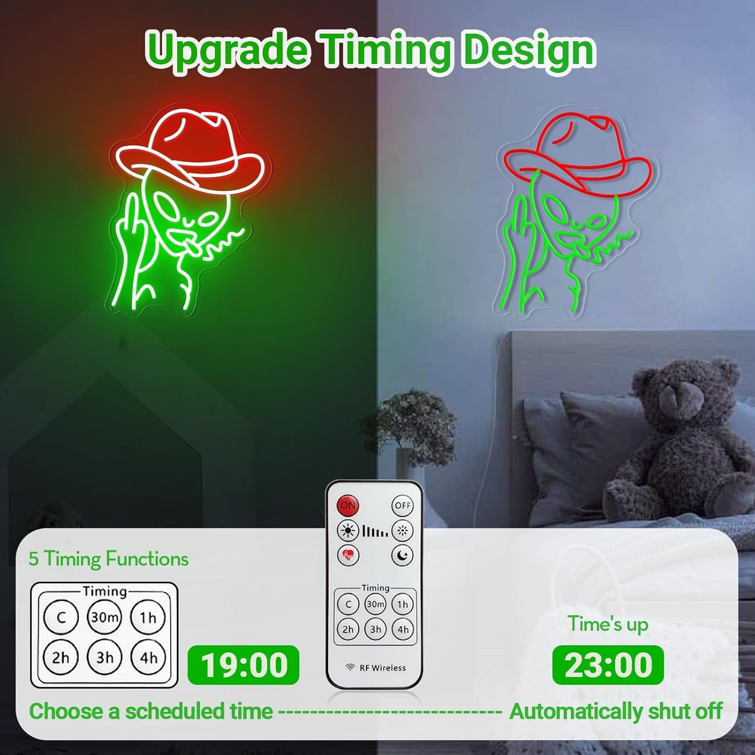 Cowboy Alien Neon Sign for Wall Decor, Remote Dimmer Green Alien Wearing Red Hats LED Neon Light for Home, USB Powered Cowboy Hat Alien Lamp for Man Cave Bar Party Gift Game Room Bedroom Room - 15''