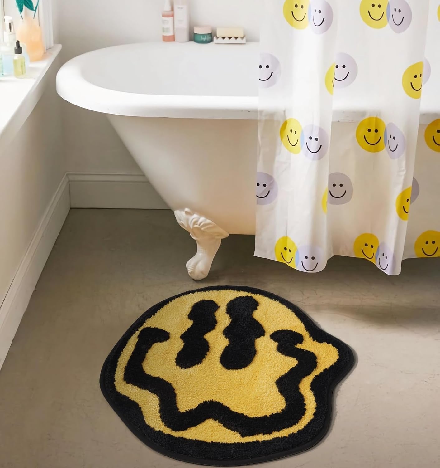 Trippy Happy Face Bath Mat Yellow - Cool Rugs for Bedroom, Hypebeast Rug, Hippie Rug Non-Slip, Cute Fun Funky Trendy Rug, Cool Decor for Bedroom Bathroom Hallway