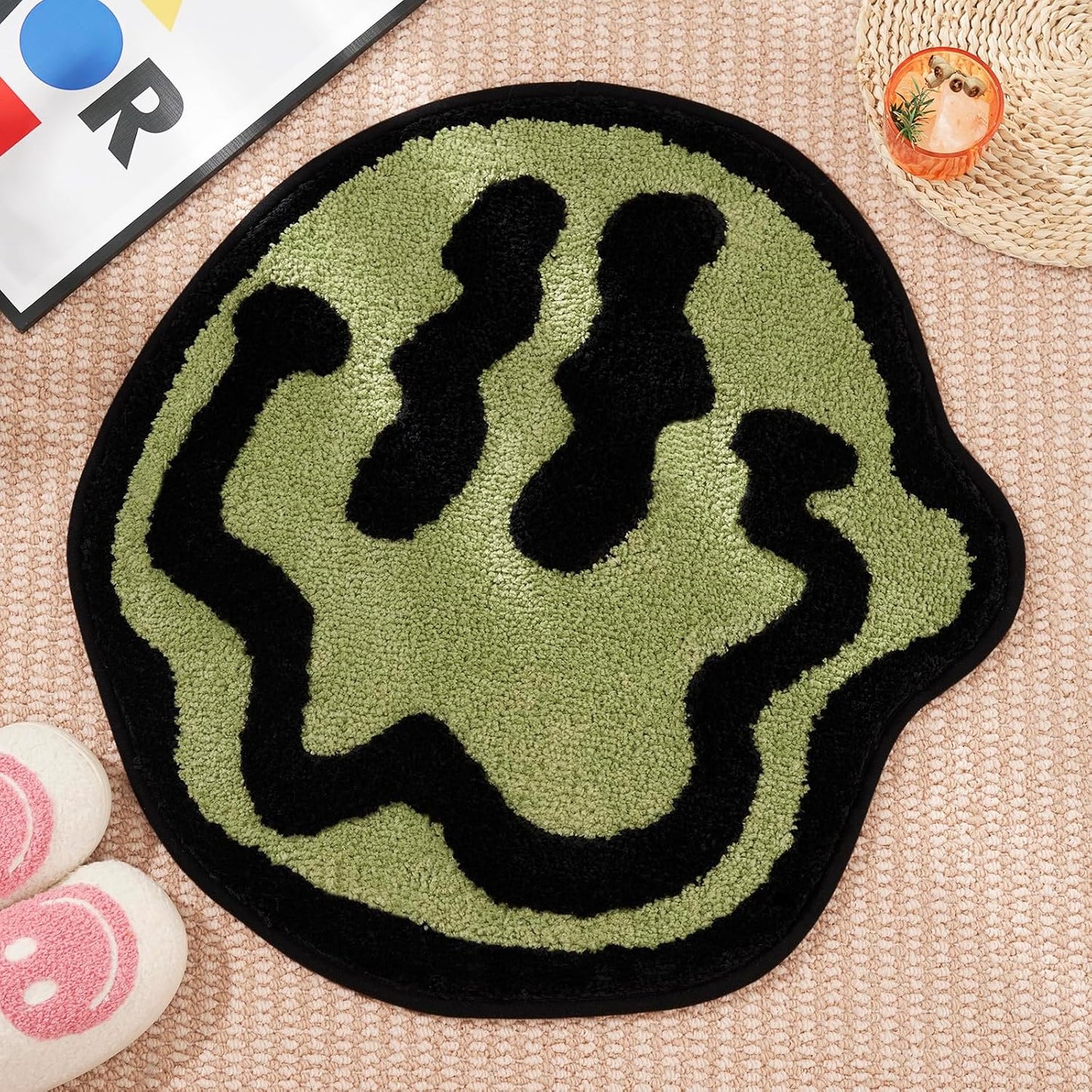 Trippy Happy Face Bath Mat Green- Cool Rugs for Bedroom, Cute Bath Mat, Hippie Rug Non-Slip, Sage Green Fun Funky Trendy Rug, Cool Decor for Bedroom Bathroom Hallway