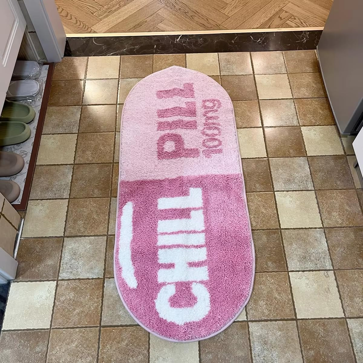 Pink Chill Pill Flocking Rug Oval Tufted Rug Bath Mat Door Floor Mat Home Decor Carpet Camping Mat Waterproof Anti-Slip (45.3X18.1Inch (115X46 Cm))