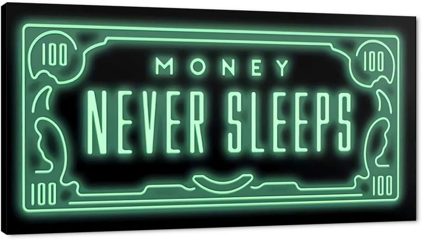 Inspirational Framed Office Wall Art Money Posters Green 100 Dollar Artwork Office Quote Money Never Sleeps Sayings Wall Decor Workplace Office Wall Pictures Modern Home Decor Easy to Hang-32 Wx16 H