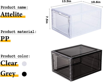 Drop Front Shoe Box,Set of 6,Stackable Plastic Shoe Box with Clear Door,As Shoe Storage Box and Clear Shoe Box,For Display Sneakers,Easy Assembly,Fit up to US Size 12,Black