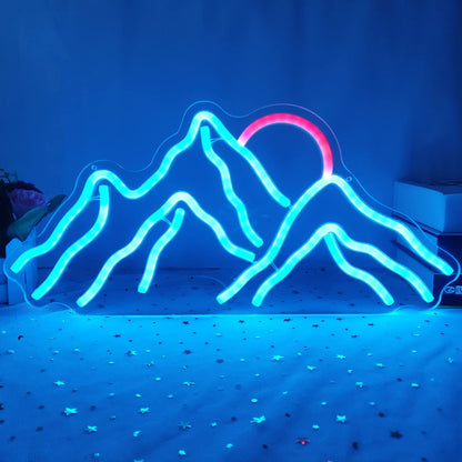 Dimmable Mountain Neon LED Light Sign, 16.9’’*8’’ Sunrise & Sunset for Bedroom, Living Room, Hotel, Wall Decor Christmas Gift (Ice Blue,Red)