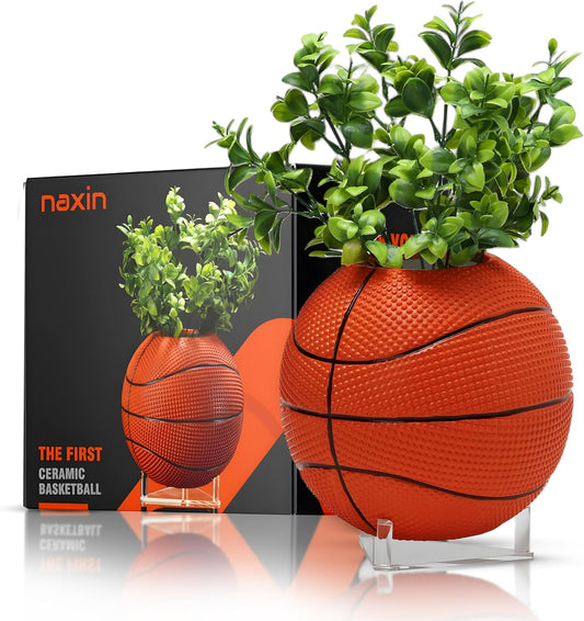 Basketball Planter for Basketball Room Decor for Boys - Orange Ceramic Basketball Planter Pot for Hypebeast Room Decor - 8″ Cute Plant Pots for Cute Home Decor - Basketball Pots with Drainage Holes