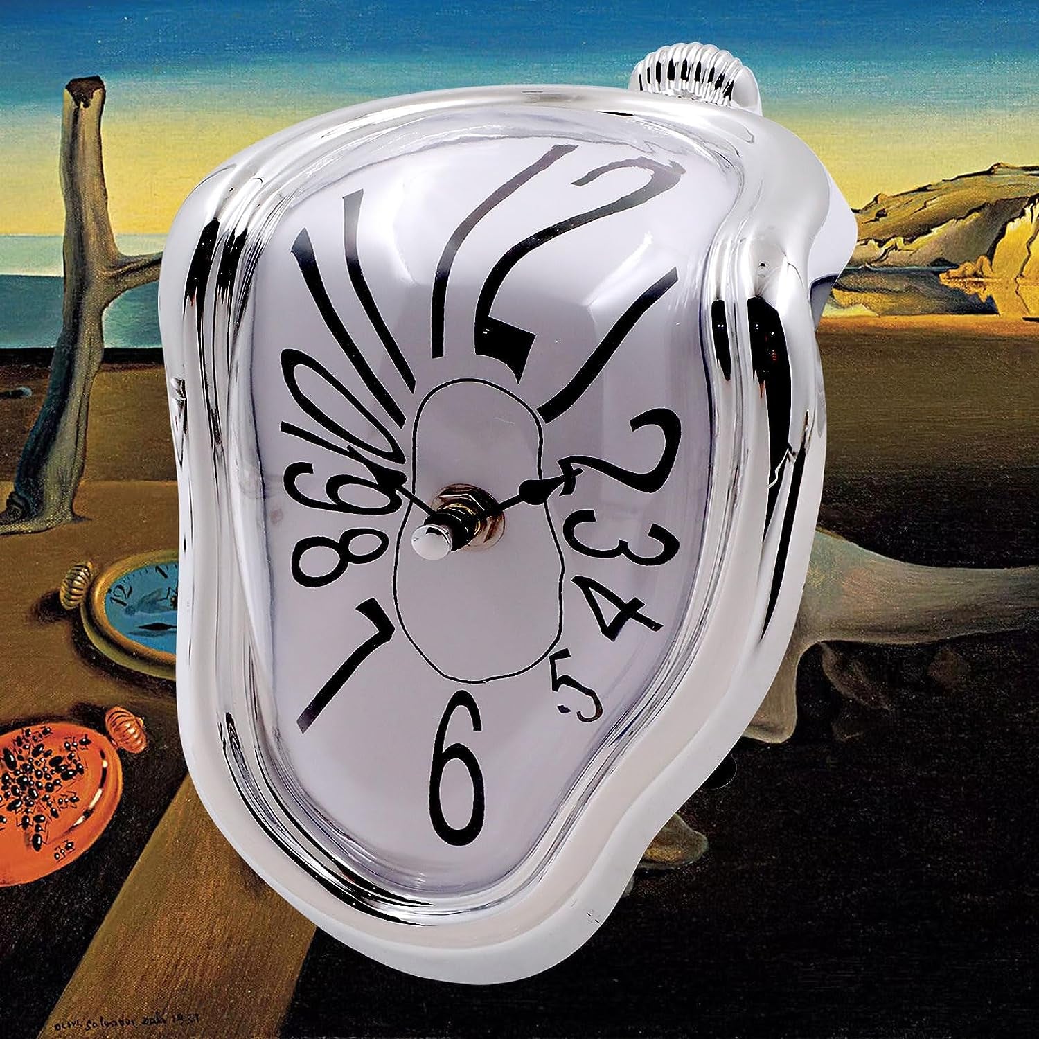 Melting Clock, Salvador Dali Watch Melted Clock for Decorative Home Office Shelf Desk Table Funny Creative Gift, Arab Silver