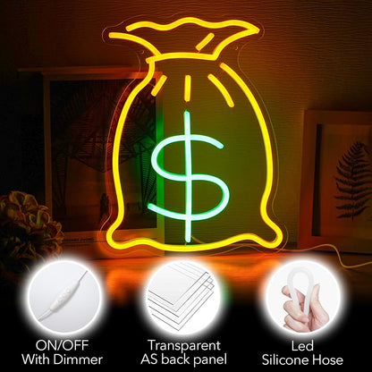 Bag of Money Neon Sign, Neon Sign for Wall Decor, Golden Yellow+Green Led Signs Usb Powered, Living Game Room Decor, for Bedroom Office Restaurant Bar Hotel Shop Party Birthday (14.2X10.8In)