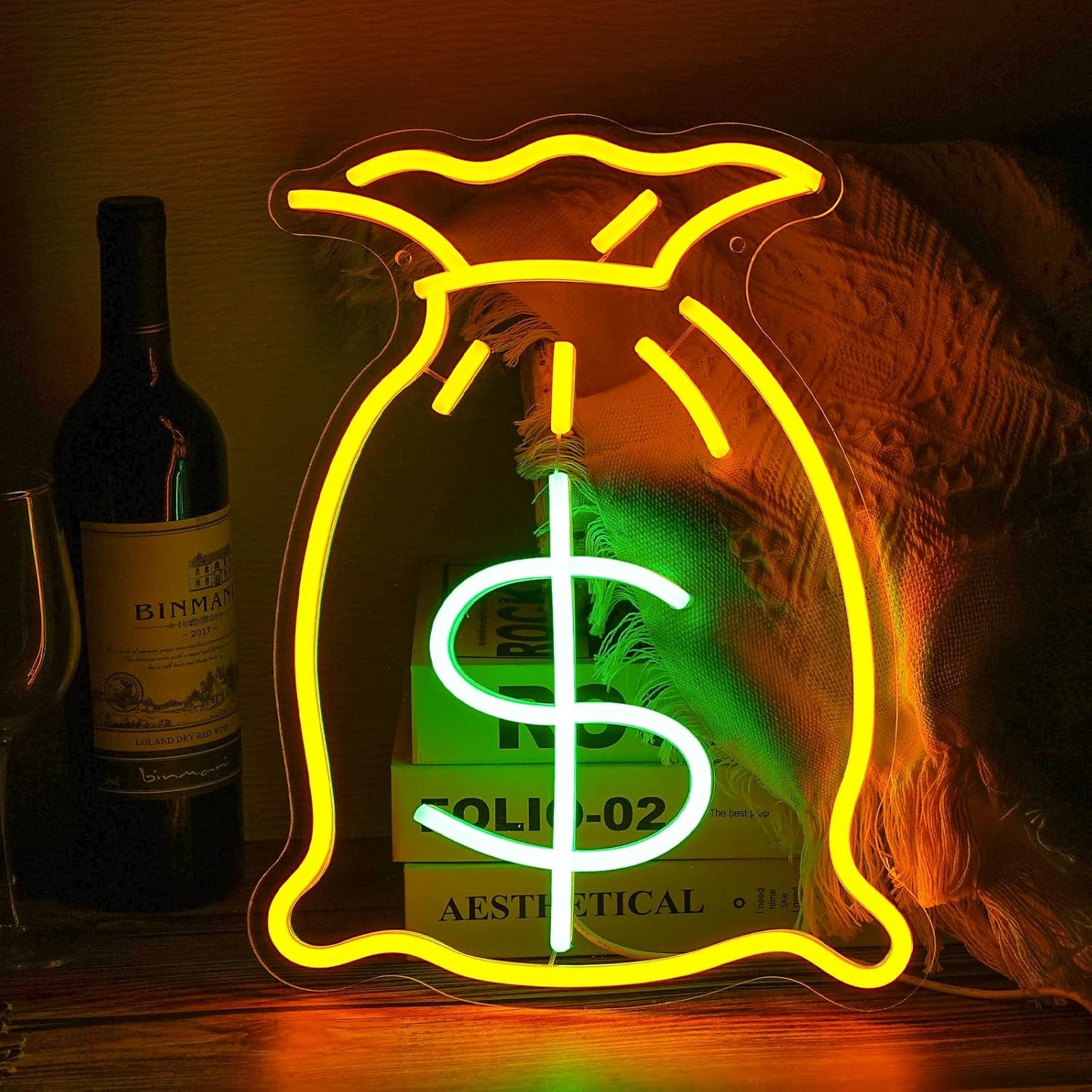 Bag of Money Neon Sign, Neon Sign for Wall Decor, Golden Yellow+Green Led Signs Usb Powered, Living Game Room Decor, for Bedroom Office Restaurant Bar Hotel Shop Party Birthday (14.2X10.8In)