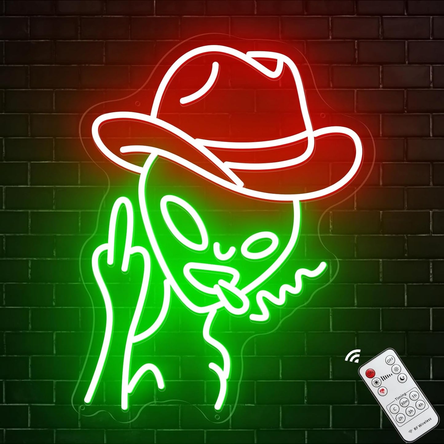 Cowboy Alien Neon Sign for Wall Decor, Remote Dimmer Green Alien Wearing Red Hats LED Neon Light for Home, USB Powered Cowboy Hat Alien Lamp for Man Cave Bar Party Gift Game Room Bedroom Room - 15''