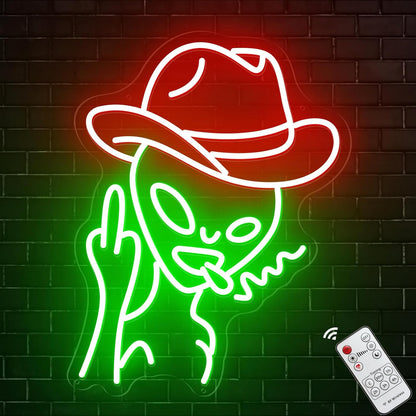 Cowboy Alien Neon Sign for Wall Decor, Remote Dimmer Green Alien Wearing Red Hats LED Neon Light for Home, USB Powered Cowboy Hat Alien Lamp for Man Cave Bar Party Gift Game Room Bedroom Room - 15''