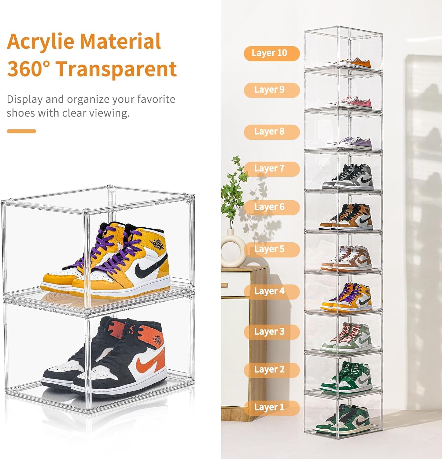 6 Pack X-Large Acrylic Clear Shoe Boxes,Professional Boot and Hat Display Case Organizer,Purse Organizer for Closet,360° Clear Plastic Stackable Sneaker Storage for Sneakerhead,Fits US Size 14.5