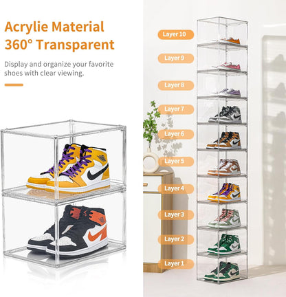 6 Pack X-Large Acrylic Clear Shoe Boxes,Professional Boot and Hat Display Case Organizer,Purse Organizer for Closet,360° Clear Plastic Stackable Sneaker Storage for Sneakerhead,Fits US Size 14.5