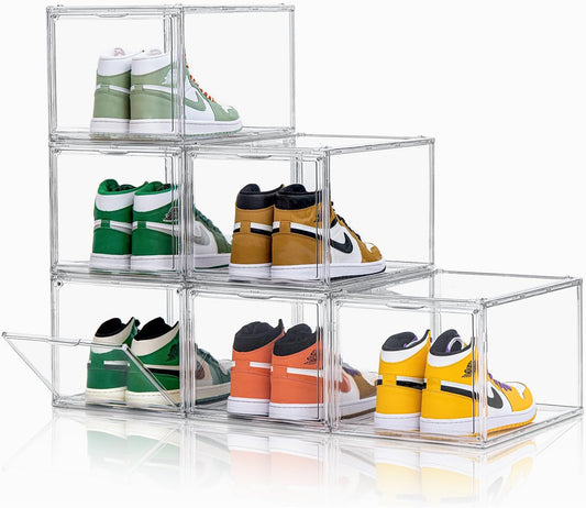 6 Pack X-Large Acrylic Clear Shoe Boxes,Professional Boot and Hat Display Case Organizer,Purse Organizer for Closet,360° Clear Plastic Stackable Sneaker Storage for Sneakerhead,Fits US Size 14.5