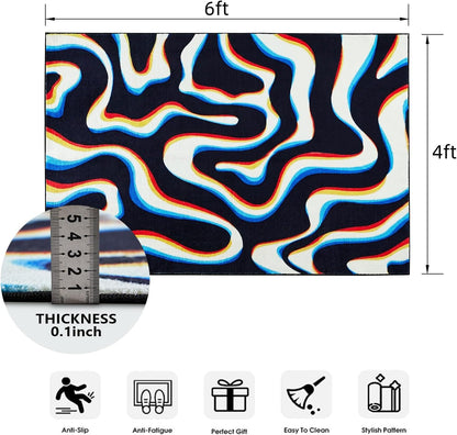 Trippy Abstract 4X6 Area Rug Soft Thin Funky Aesthetic Glitch Psychedelic Wavy Swirl Living Room Rug Colorful Black White, Retro Cool Washable Carpet for Kitchen Entryway Bedroom Dorm