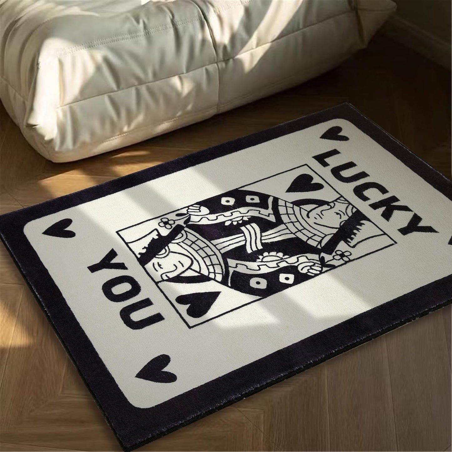 Lucky You Playing Card Rug Black and Ivory, Thin Cute Retro Aesthetic 2X3 Small Rugs for Bedroom College Bathroom Kitchen Non Slip, Trendy Funky Unique Cool Preppy Rug Dorm Accent Floor Mat