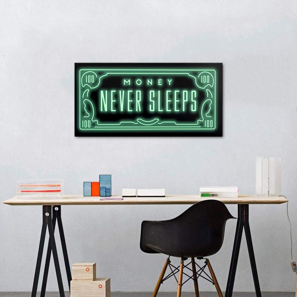 Inspirational Framed Office Wall Art Money Posters Green 100 Dollar Artwork Office Quote Money Never Sleeps Sayings Wall Decor Workplace Office Wall Pictures Modern Home Decor Easy to Hang-32 Wx16 H