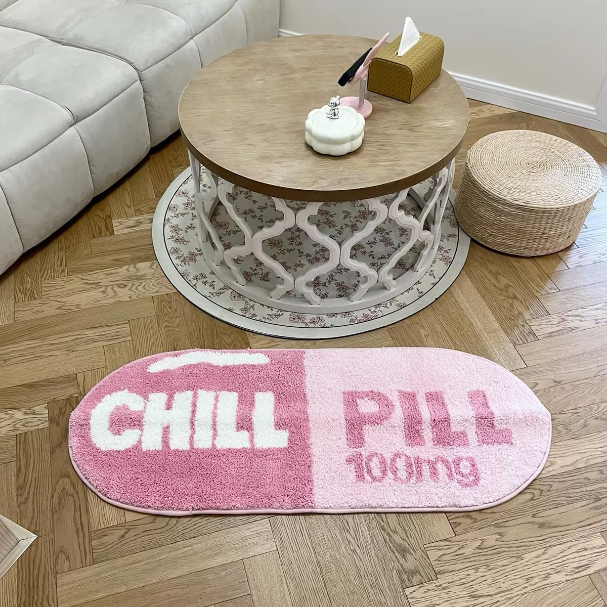 Pink Chill Pill Flocking Rug Oval Tufted Rug Bath Mat Door Floor Mat Home Decor Carpet Camping Mat Waterproof Anti-Slip (45.3X18.1Inch (115X46 Cm))