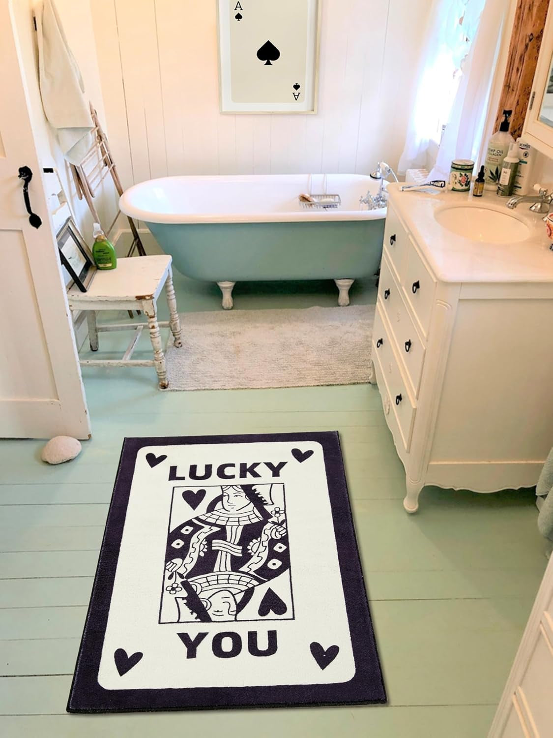 Lucky You Playing Card Rug Black and Ivory, Thin Cute Retro Aesthetic 2X3 Small Rugs for Bedroom College Bathroom Kitchen Non Slip, Trendy Funky Unique Cool Preppy Rug Dorm Accent Floor Mat