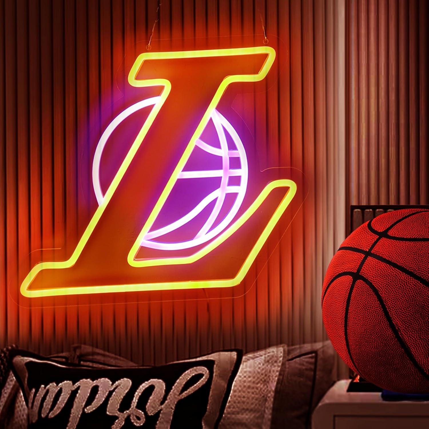 LA Basketball Neon Sign for Bedroom Wall Decor,Usb Powered Dimmable Led Neon Light,Christmas Gift for LA Basketball Fans Club Teen Kids Game Room Decor Party Light13.7×11.8 Inch