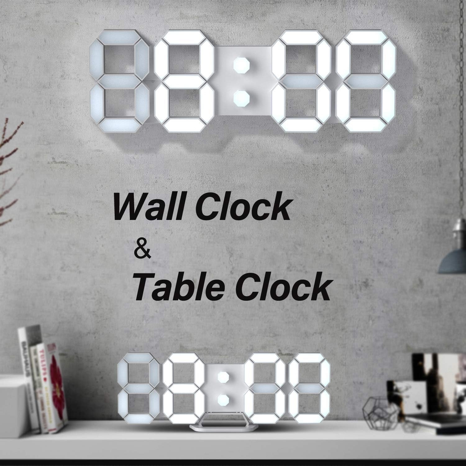 3D LED Digital Wall Clock Desk Alarm Clock with Remote Control for Kitchen Bedroom Office, Fashion 9.7" LED Night Light Decor Clock Adjust Brightness 12H/24H Time Date Temperature White