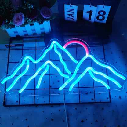 Dimmable Mountain Neon LED Light Sign, 16.9’’*8’’ Sunrise & Sunset for Bedroom, Living Room, Hotel, Wall Decor Christmas Gift (Ice Blue,Red)