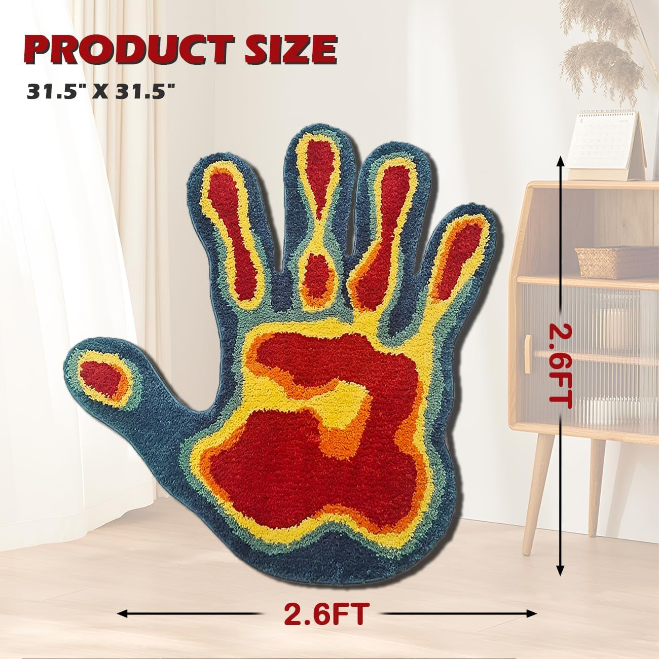 Hand Shape Bath Rug Funny Abstract Bathroom Rugs Soft Microfiber Shower Mat Non Slip Water Absorbent Bath Mat Funky Cool Carpet Bedroom Aesthetic Decor for Bathroom (Red,2.6 X 2.6FT)