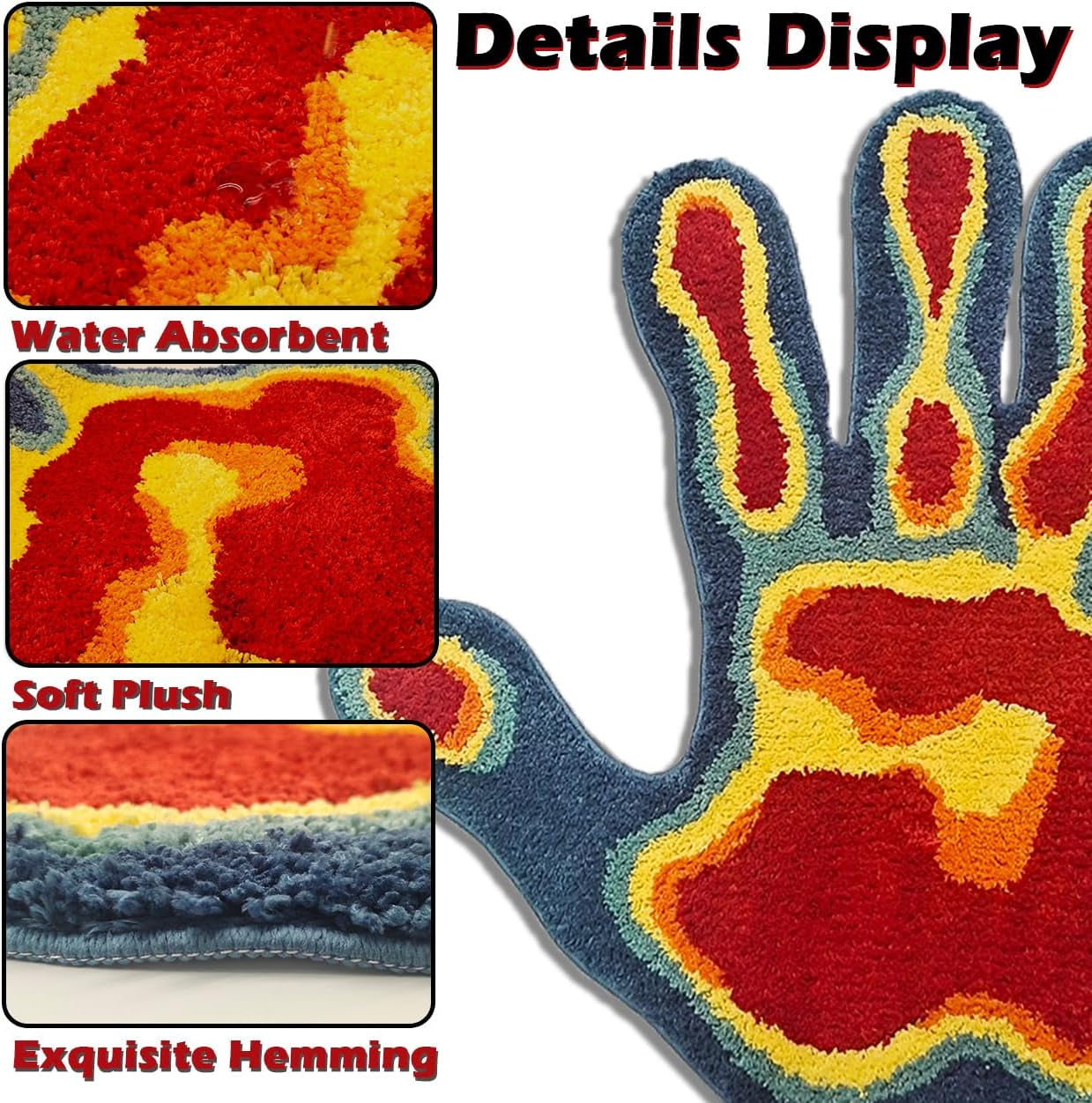 Hand Shape Bath Rug Funny Abstract Bathroom Rugs Soft Microfiber Shower Mat Non Slip Water Absorbent Bath Mat Funky Cool Carpet Bedroom Aesthetic Decor for Bathroom (Red,2.6 X 2.6FT)