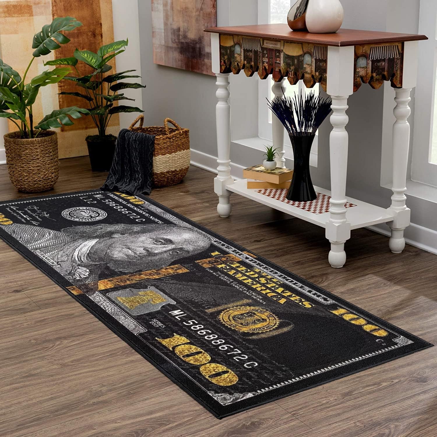 Black Money Rugs 100 Dollar Bill Cool Area Rug Door Mat Runner for Living Room Bedroom Indoor Outdoor Rug (31.5" X 78.7")