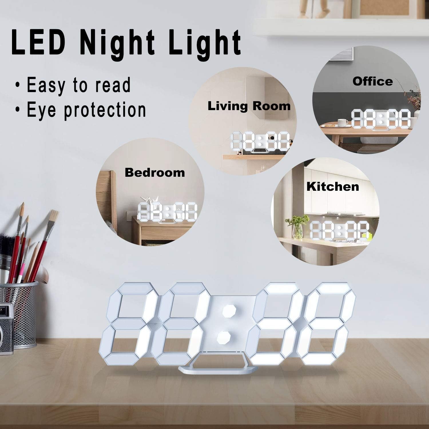 3D LED Digital Wall Clock Desk Alarm Clock with Remote Control for Kitchen Bedroom Office, Fashion 9.7" LED Night Light Decor Clock Adjust Brightness 12H/24H Time Date Temperature White