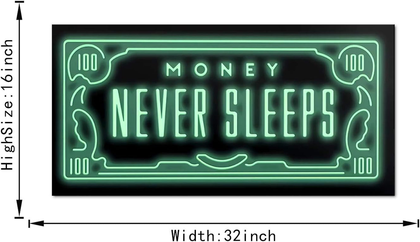 Inspirational Framed Office Wall Art Money Posters Green 100 Dollar Artwork Office Quote Money Never Sleeps Sayings Wall Decor Workplace Office Wall Pictures Modern Home Decor Easy to Hang-32 Wx16 H