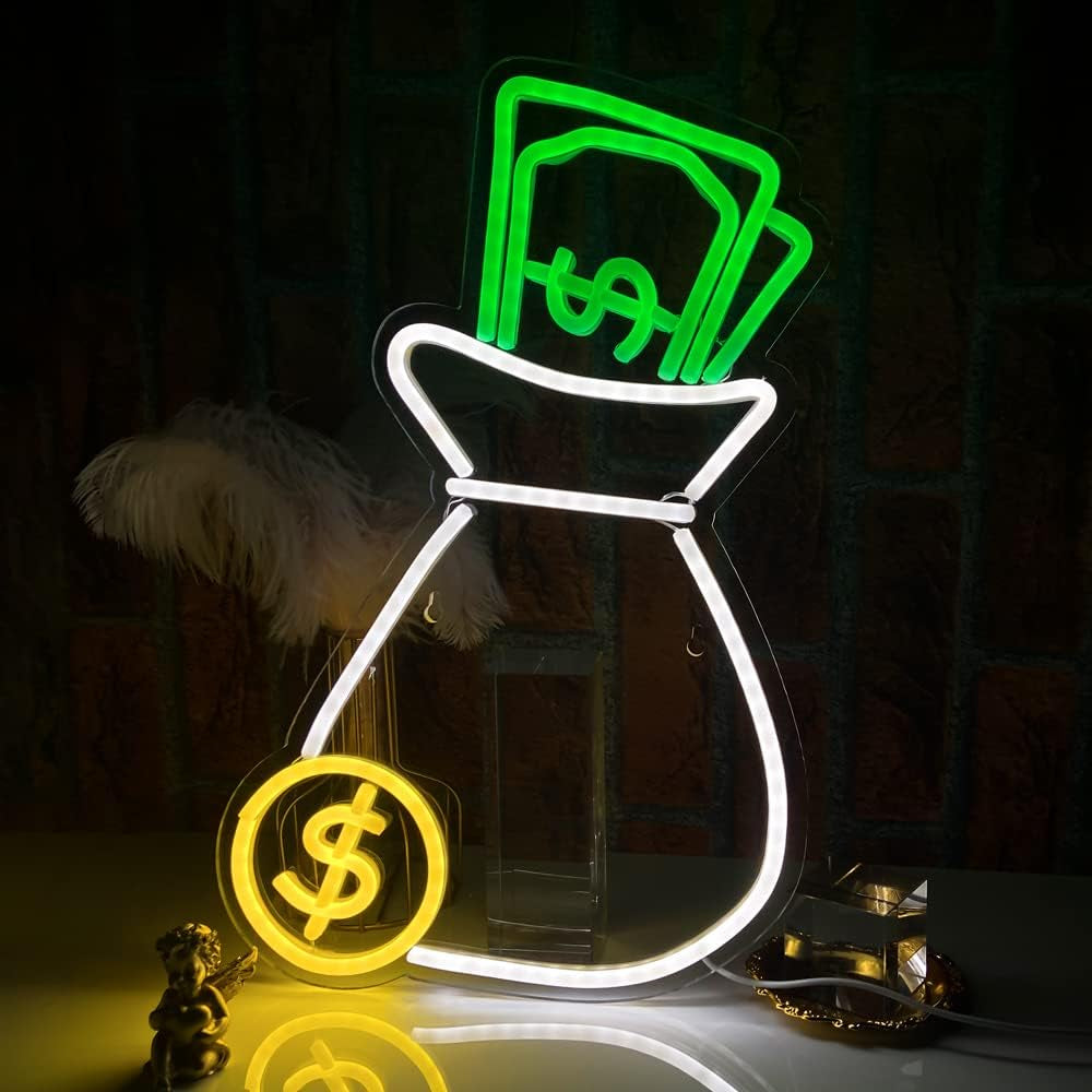 Money Neon Lights Money Bag Neon Signs for Wall Decor Led Signs for Bedroom Wall Neon Lights Suitable for Bank Bedroom 16.7X9.8 Inch （Green+White+Yellow）