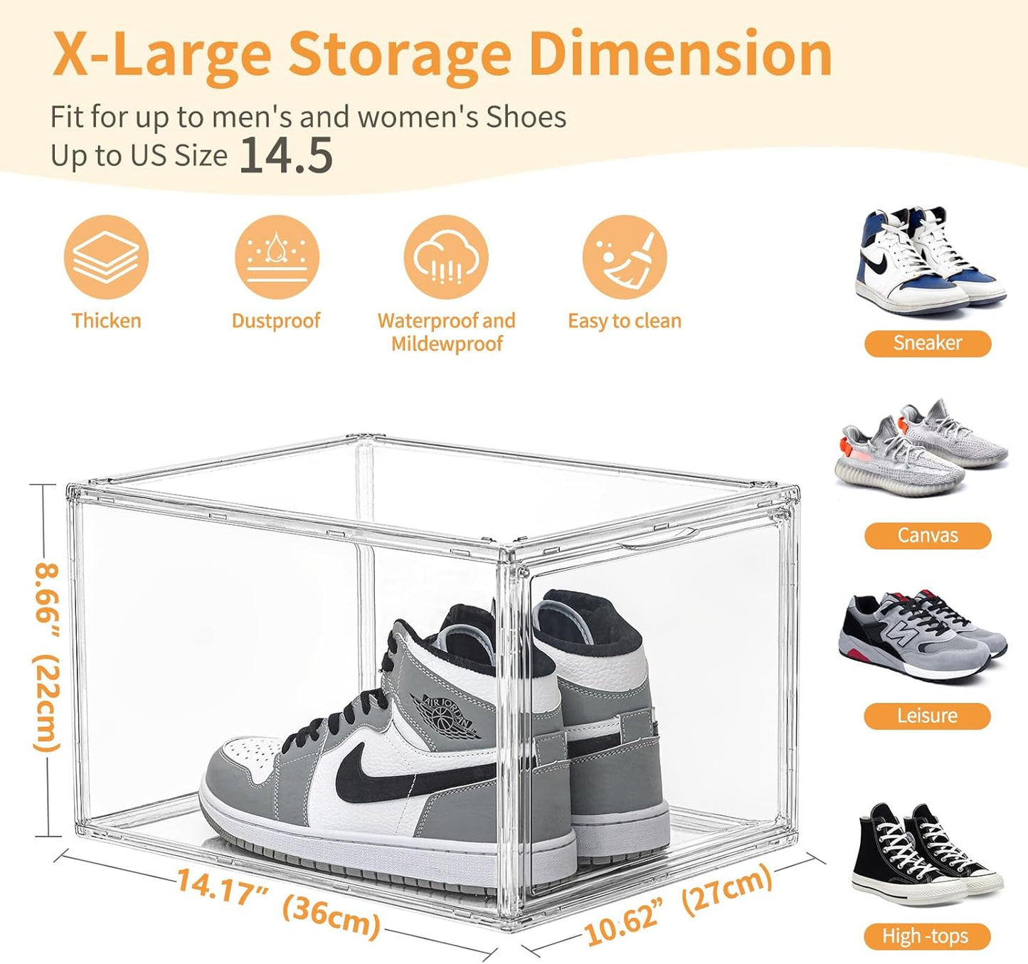 6 Pack X-Large Acrylic Clear Shoe Boxes,Professional Boot and Hat Display Case Organizer,Purse Organizer for Closet,360° Clear Plastic Stackable Sneaker Storage for Sneakerhead,Fits US Size 14.5