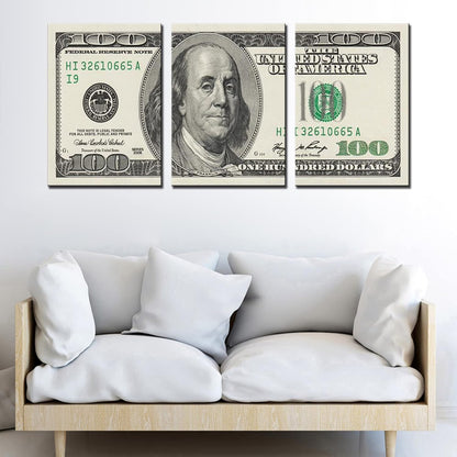 3 Panels Canvas Wall Art 100 Bill Dollar ​Cash Money Collection，Printing Poster for Home Decor and Office Living Room Artwork Framed Ready to Hang-42”X20”