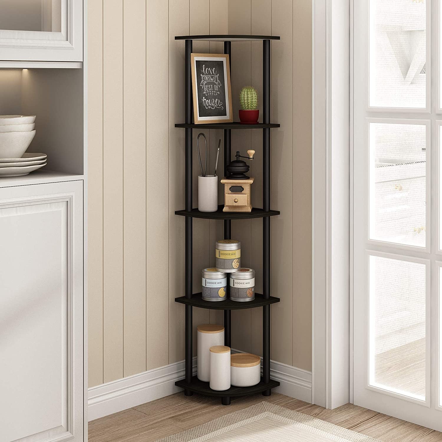 Turn-N-Tube 5 Tier Corner Display Rack Multipurpose Shelving Unit, 1-Pack, Espresso/Black