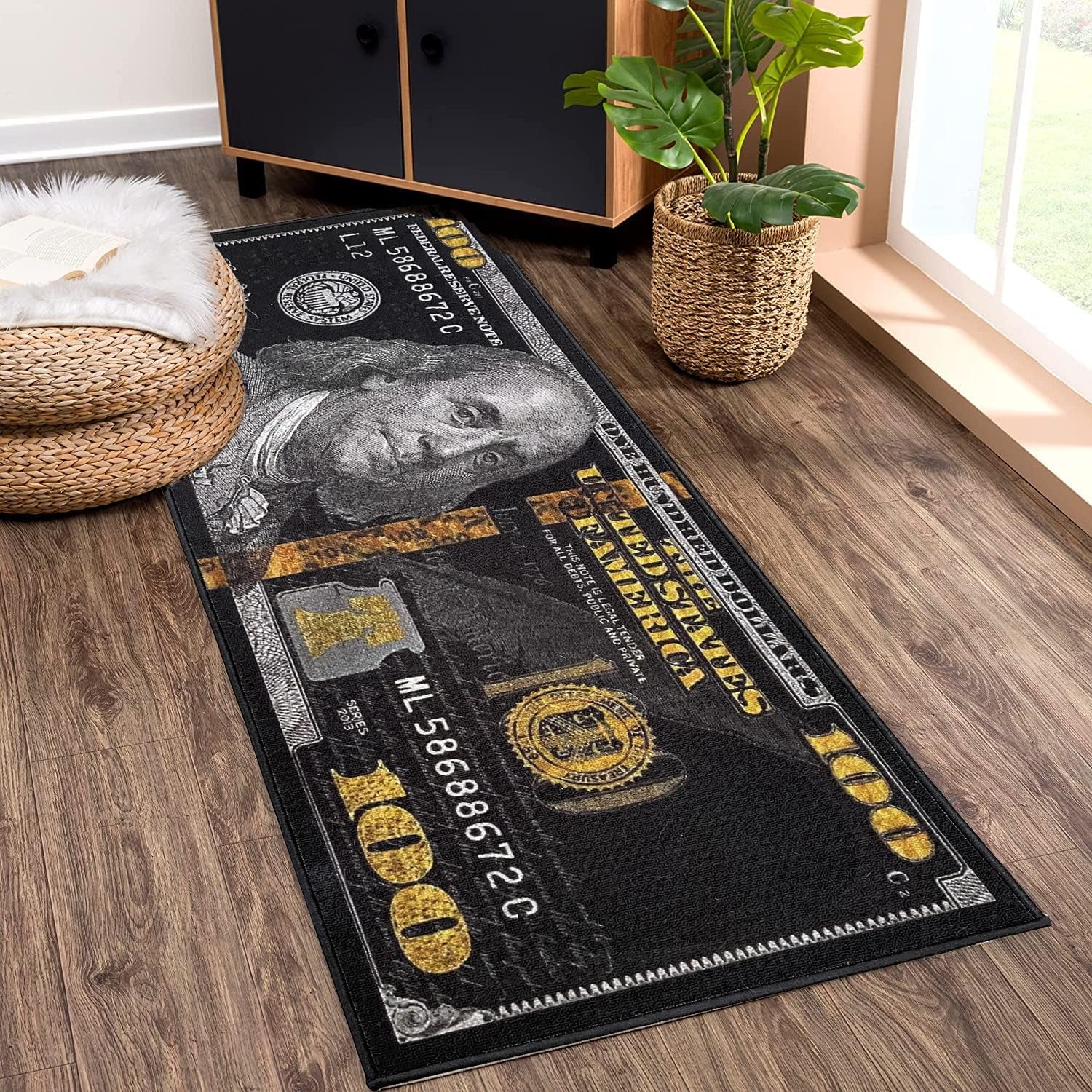 Black Money Rugs 100 Dollar Bill Cool Area Rug Door Mat Runner for Living Room Bedroom Indoor Outdoor Rug (31.5" X 78.7")