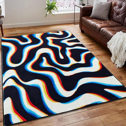 Trippy Abstract 4X6 Area Rug Soft Thin Funky Aesthetic Glitch Psychedelic Wavy Swirl Living Room Rug Colorful Black White, Retro Cool Washable Carpet for Kitchen Entryway Bedroom Dorm