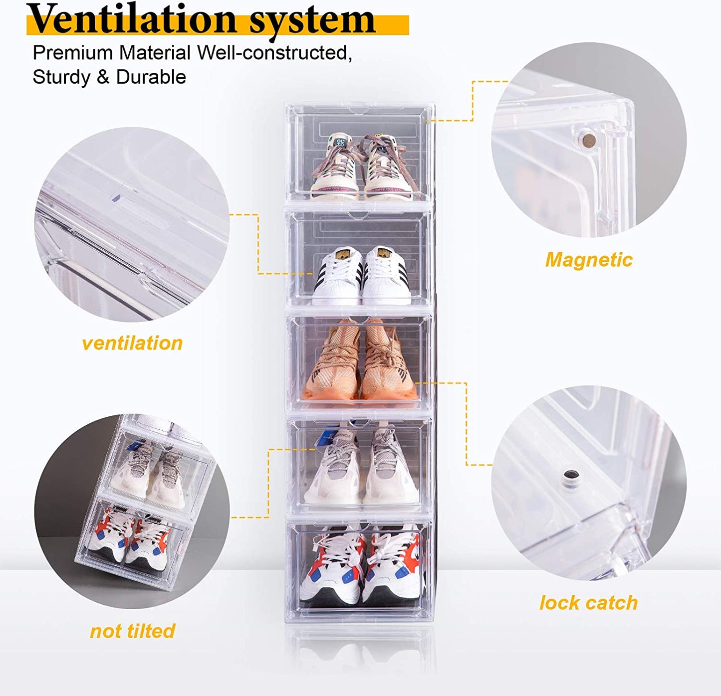 Drop Front Shoe Box,Set of 6,Stackable Plastic Shoe Box with Clear Door,As Shoe Storage Box and Clear Shoe Box,For Display Sneakers,Easy Assembly,Fit up to US Size 12,Black