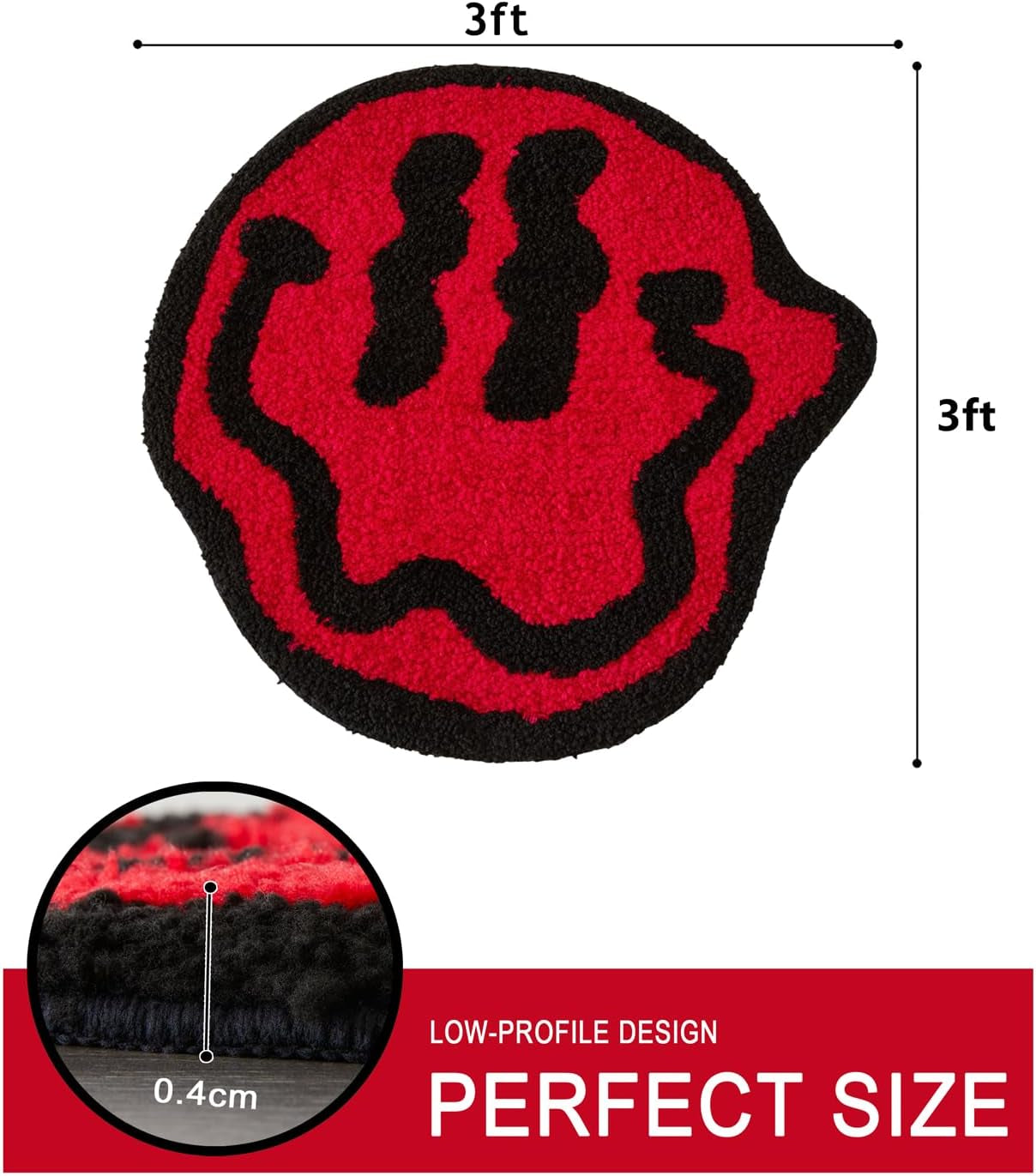 Trippy Cute 2Ft round Bathroom Rugs Red/Black Non Slip Rubber Backed Washable, Groovy Aesthetic Happy Face Abstract Hippie Retro Funny Cool Soft Plush Absorbent Bath Mat Shower Floor Rug