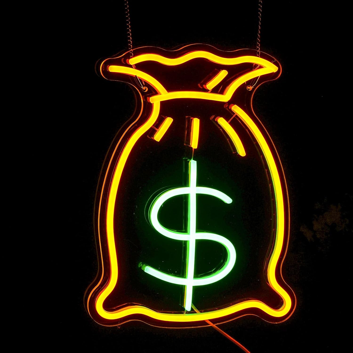 Bag of Money Neon Sign, Neon Sign for Wall Decor, Golden Yellow+Green Led Signs Usb Powered, Living Game Room Decor, for Bedroom Office Restaurant Bar Hotel Shop Party Birthday (14.2X10.8In)